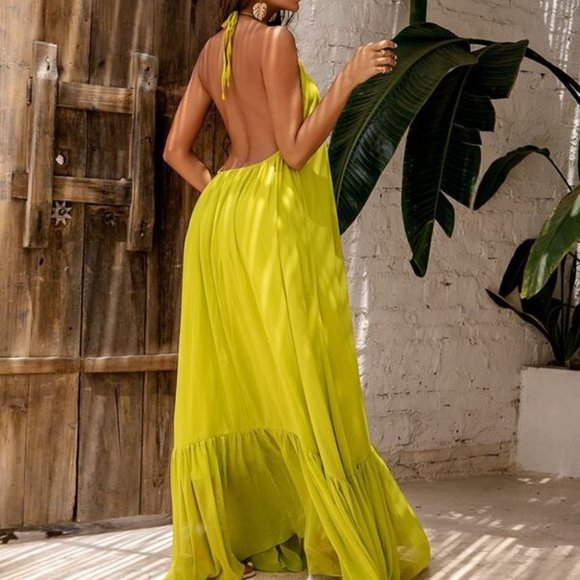 Tie Backless Halter maxi Dress lime - Picture 7 of 9